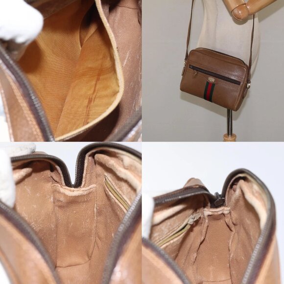 GUCCI Web Sherry Line Shoulder Bag Leather Brown Gold Auth - Picture 15 of 16